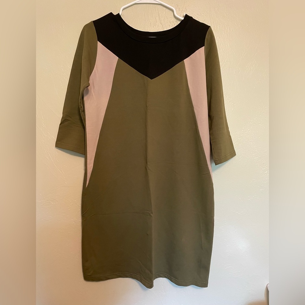 Synergy Organic Clothing Green Cotton Sheath Shift 3/4 Sleeve Dress